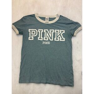 PINK Victoria's Secret Ringer Tee Shirt Short Sleeve Blue Medium